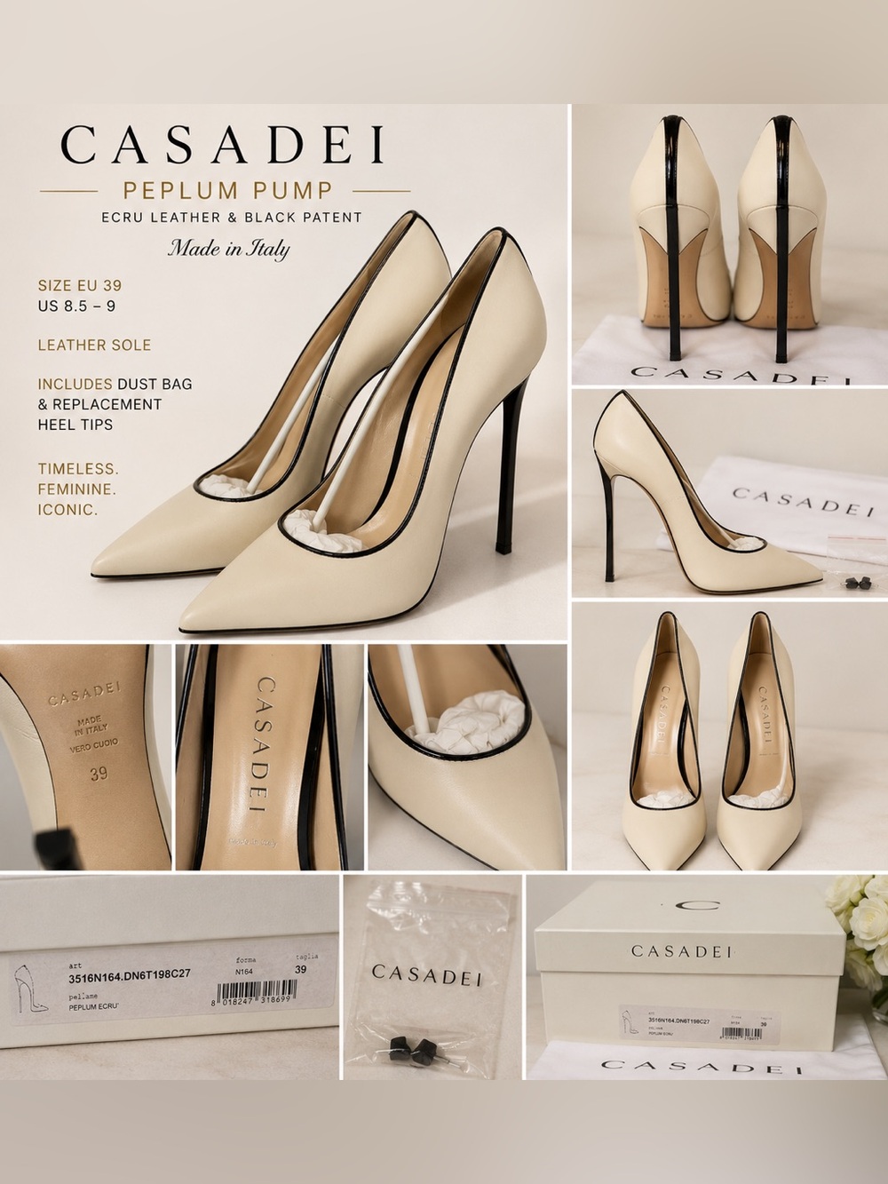 Casadei Peplum Ecru Leather Pumps | EU 39 | Made in Italy | Iconic Blade Heel